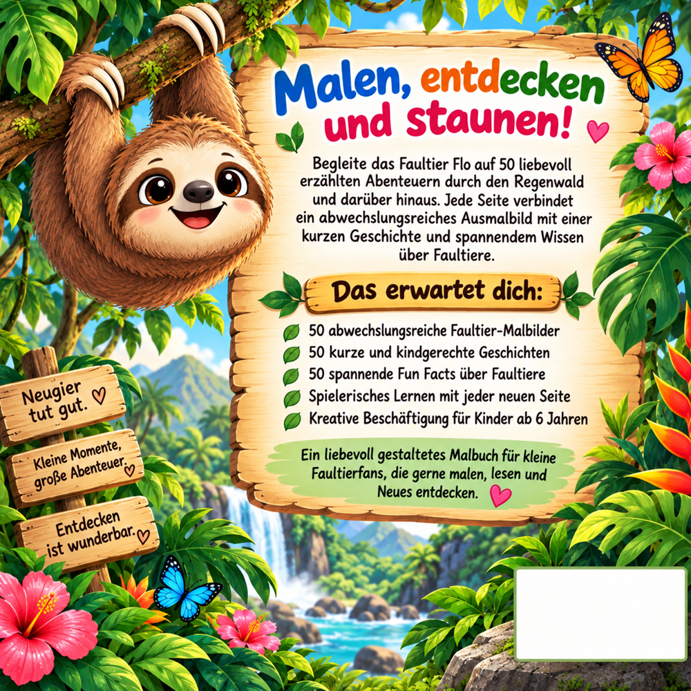 Rückseite des Faultier-Malbuchs für Kinder mit Geschichten und Wissen