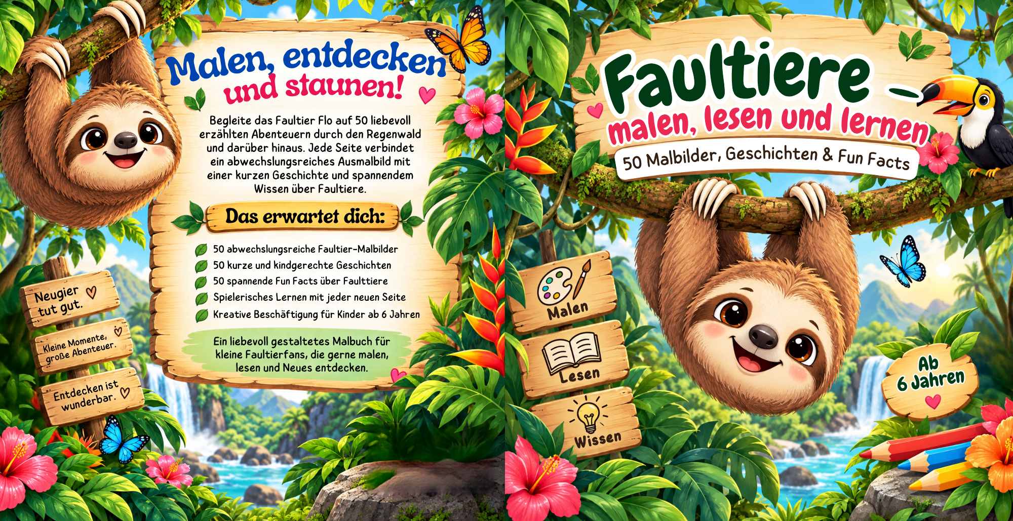 Vorder- und Rückseite des Faultier-Malbuchs für Kinder von JanineBuchWelt