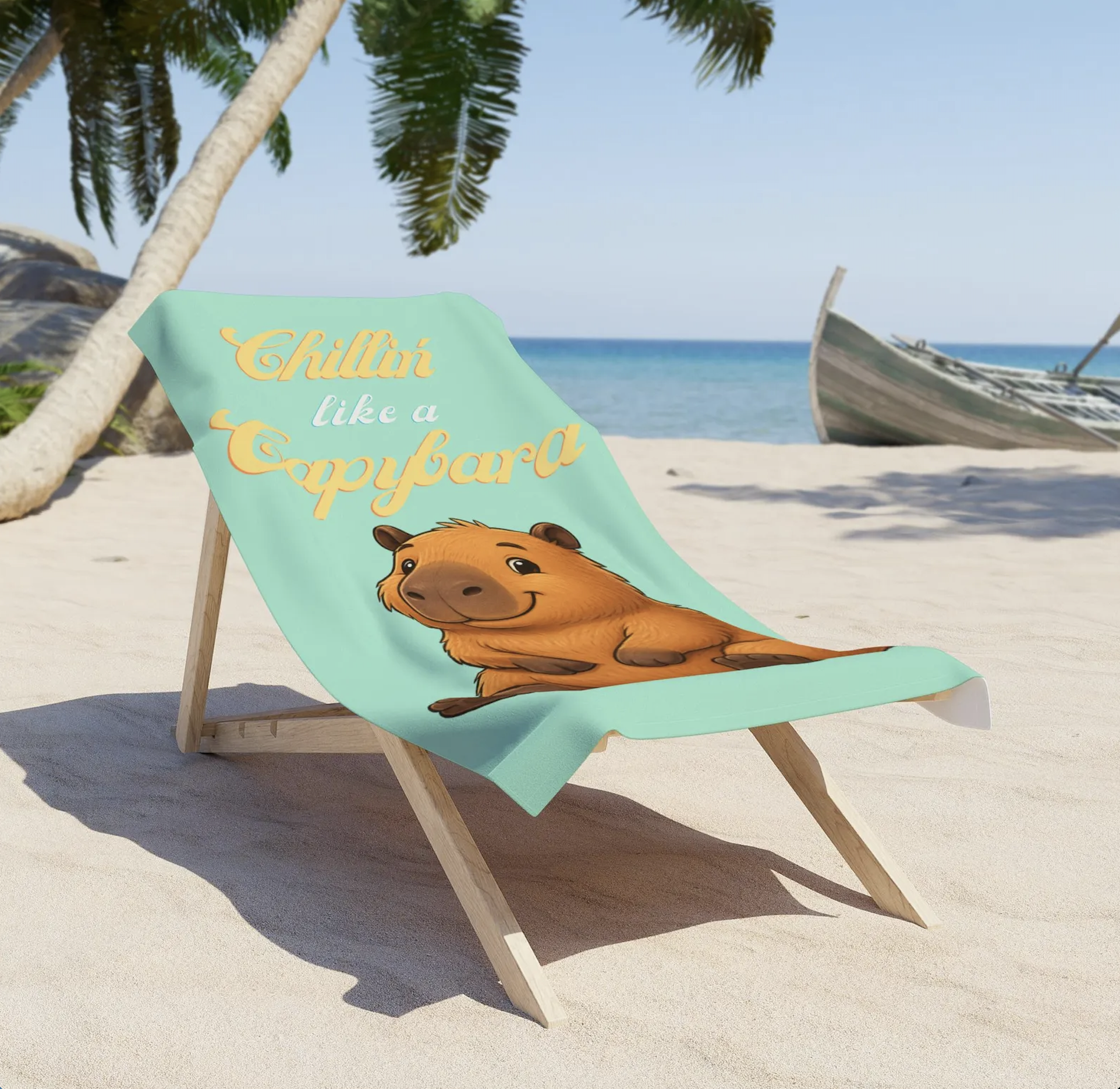 Capybara beach towel with Chillin’ like a Capybara design at the beach