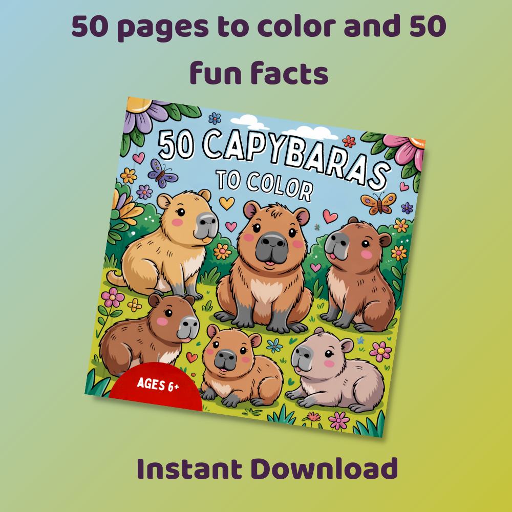 Capybara coloring book for kids with fun facts as a printable PDF download