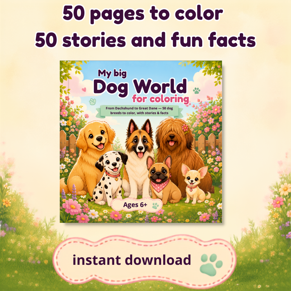 Dog coloring book for kids with fun facts as a printable PDF download