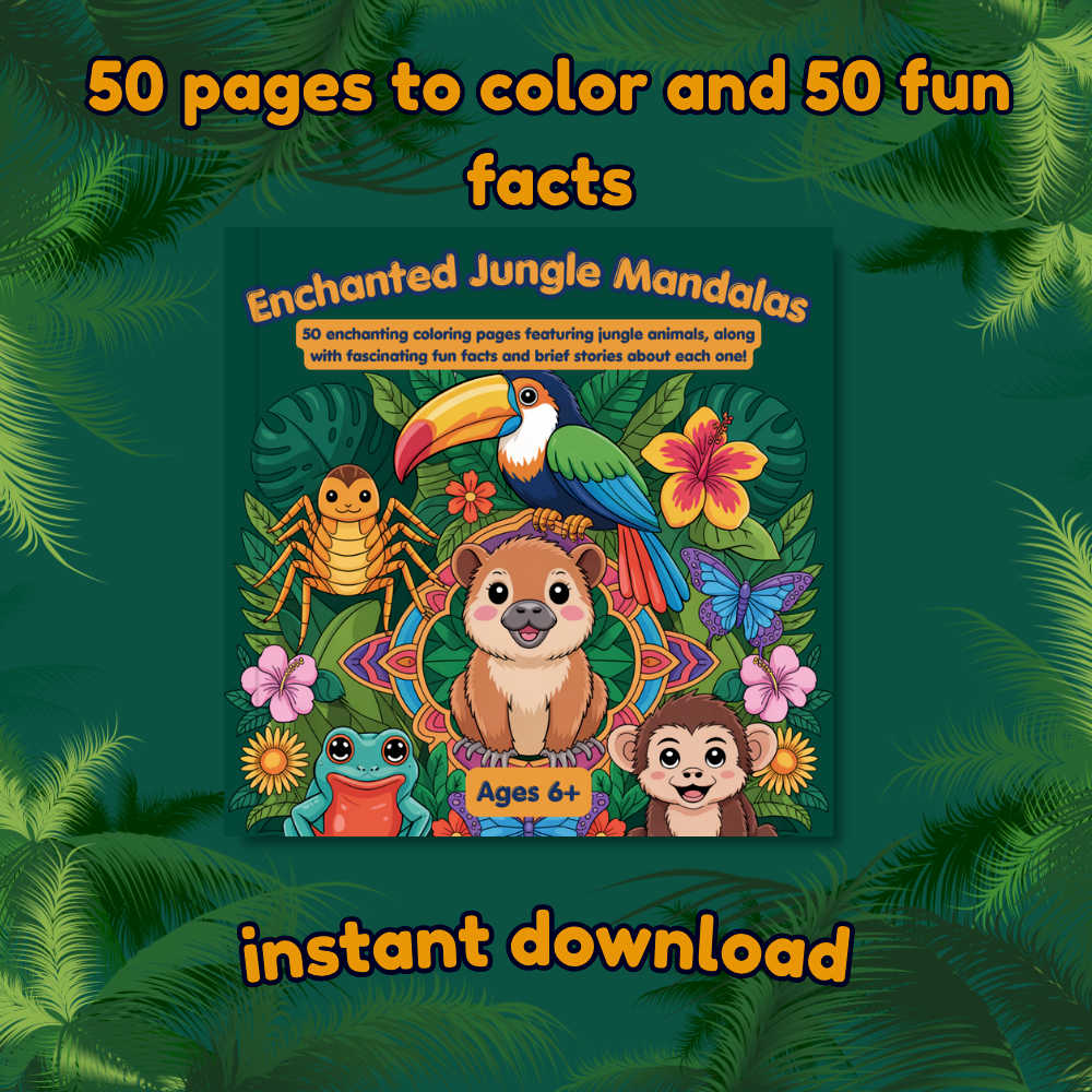 Jungle mandala coloring book for kids with fun facts as a printable PDF download