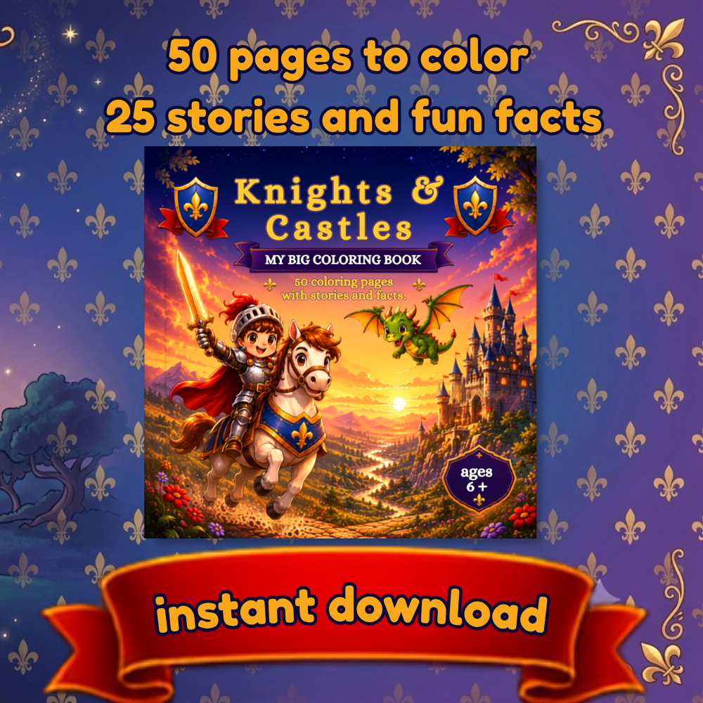 Knights and castles coloring book for kids as a printable PDF download